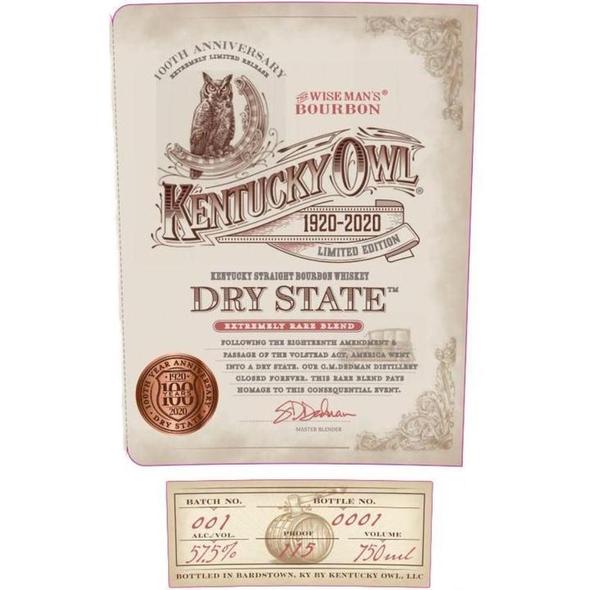 Kentucky Owl Dry State 100th Anniversary Release Bourbon Whiskey 750ml